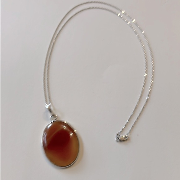 14K White Gold Chain Amber Agate Pendant Necklace 925 Silver - Picture 11 of 15